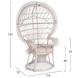 Η πολυθρόνα ROYAL PEACOCK από Rattan σε ΛΕΥΚΟ χρώμα είναι εντυπωσιακή και σίγουρα θα αφήσει το στίγμα της σε όποιο σαλόνι κι αν τοποθετηθεί. Το κάθισμά της είναι στρογγυλό και στηρίζεται σε μια εντυπωσιακή «πλεκτή» κυλινδρική βάση πάνω στην οποία υπάρχει το λευκό αναπαυτικό μαξιλάρι. Αλλά ακόμα πιο εντυπωσιακή είναι η κατασκευή των μπράτσων και της πλάτης. Το Rattan πλέκεται αριστοτεχνικά δημιουργώντας πανέμορφα σχέδια και οι διαστάσεις της πολυθρόνας τονίζουν ακόμα περισσότερο την τέχνη που υπάρχει στην κατασκευή της! <br />