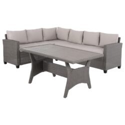 επενδυμένος με συνθετικό RATTAN σε wicker σε ΓΚΡΙ χρώμα. Το design τους είναι πανέμορφο στην όψη ενώ η στιβαρότητά τους είναι εμφανής. Το τραπέζι είναι χαμηλότερο από τα συνηθισμένα