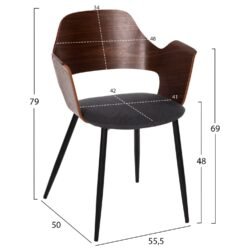 με φαλτσοκομμένη επιφάνεια από MDF με καπλαμά δρυός σε ΚΑΡΥΔΙ χρώμα. Η επιφάνεια αυτή στηρίζεται σε μία πανέμορφη ξύλινη κυλινδρική βάση με ίδιο χρωματισμό. Οι καρέκλες VELP έχουν κάθισμα σε ΓΚΡΙ απόχρωση και ΜΑΥΡΑ μεταλλικά πόδια. Αυτό