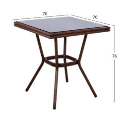 Τραπέζι αλουμινίου με όψη bamboo 70X70 εξωτερικού χώρου με textilene στην επιφάνειά του και ενσωματωμένο τζάμι.<br />